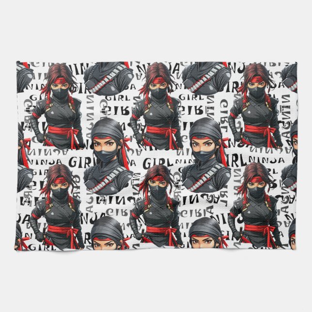 Ninja Girls Anime With Text Pattern Design Tea Towel (Horizontal)