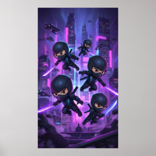 Ninja holding glowing sword in futuristic city poster