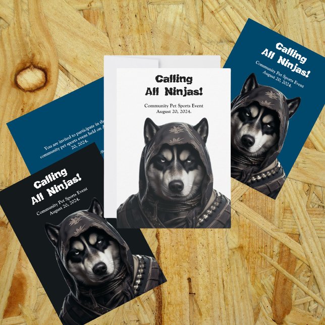 Ninja Husky Pet Dog Invitation Card Black white  (Creator Uploaded)