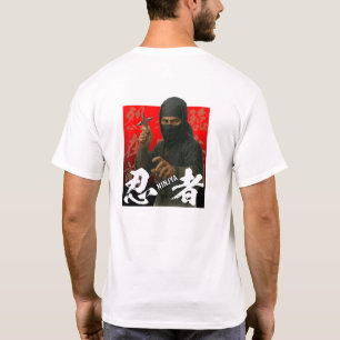 Ninja in Black with Kanji and Red Backdrop T-Shirt