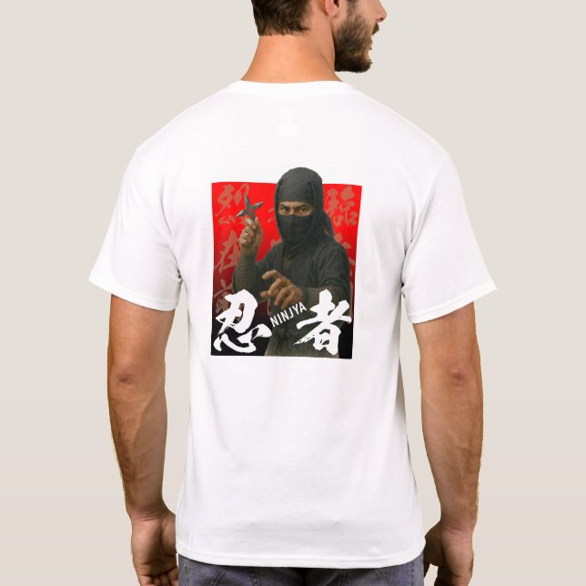 Ninja in Black with Kanji and Red Backdrop T-Shirt (Back)