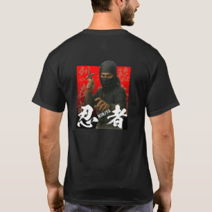 Ninja in Black with Kanji and Red Backdrop T-Shirt