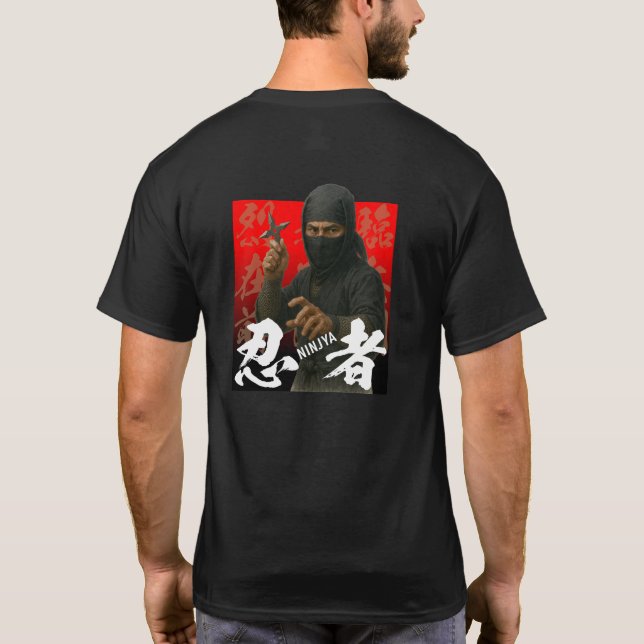 Ninja in Black with Kanji and Red Backdrop T-Shirt (Back)