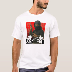 Ninja in Black with Kanji and Red Backdrop T-Shirt