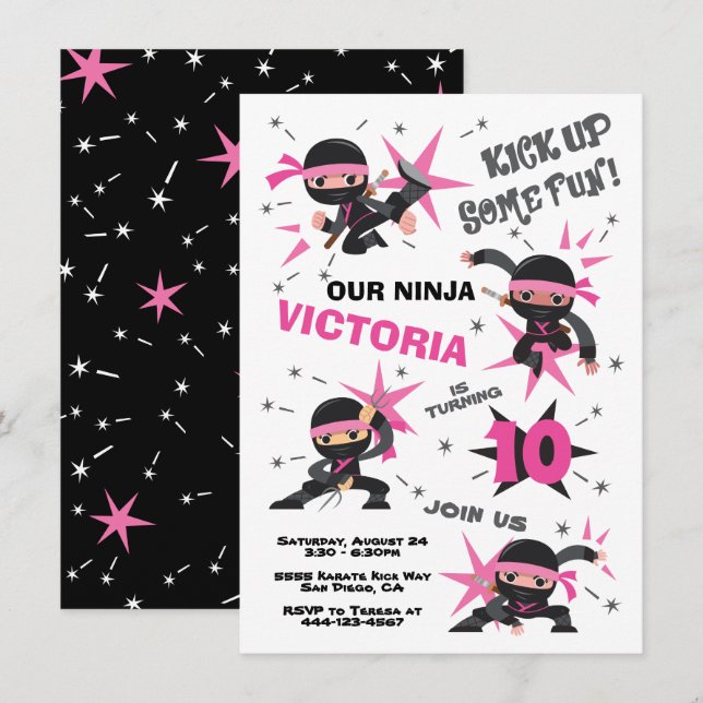 Ninja Karate Girl Warrior Birthday Party Invitation (Front/Back)