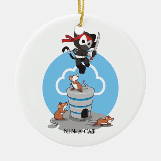 Ninja Kitty with Mice Ceramic Tree Decoration (Front)