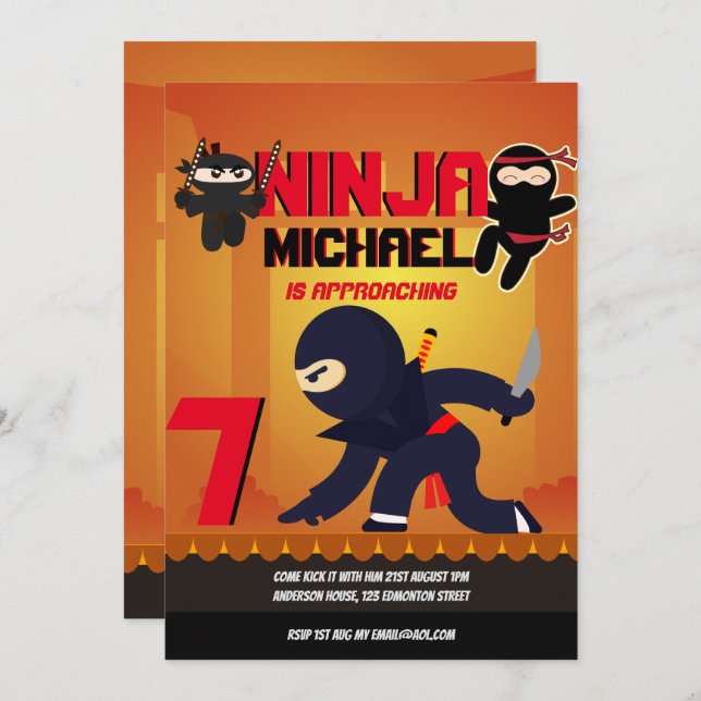 NINJA MOVIE STAR WARRIOR Boys Girls Cartoon Party Invitation (Front/Back)