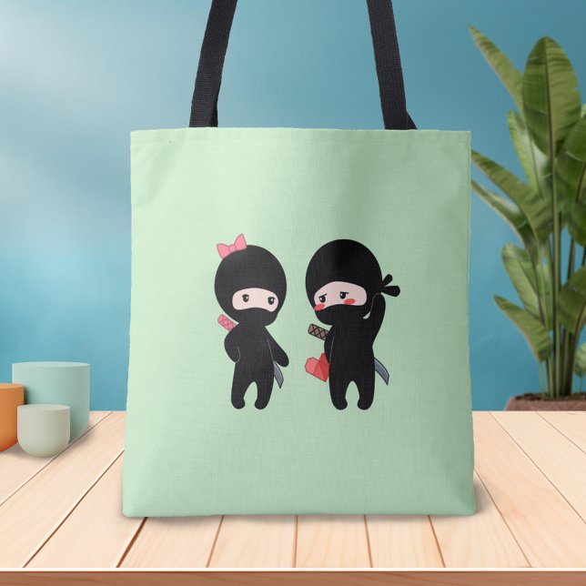 Ninja Pair, a Boy and a Girl on Green Tote Bag (Creator Uploaded)