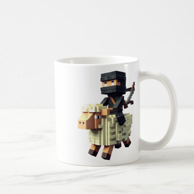 Ninja Riding Sheep Block Style Character Pixel Art Coffee Mug (Right)
