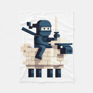 Ninja Riding Sheep Block Style Character Pixel Art Fleece Blanket