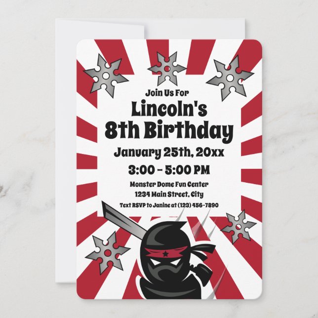 Ninja Samurai Warrior Kids Birthday Party Invites (Front)