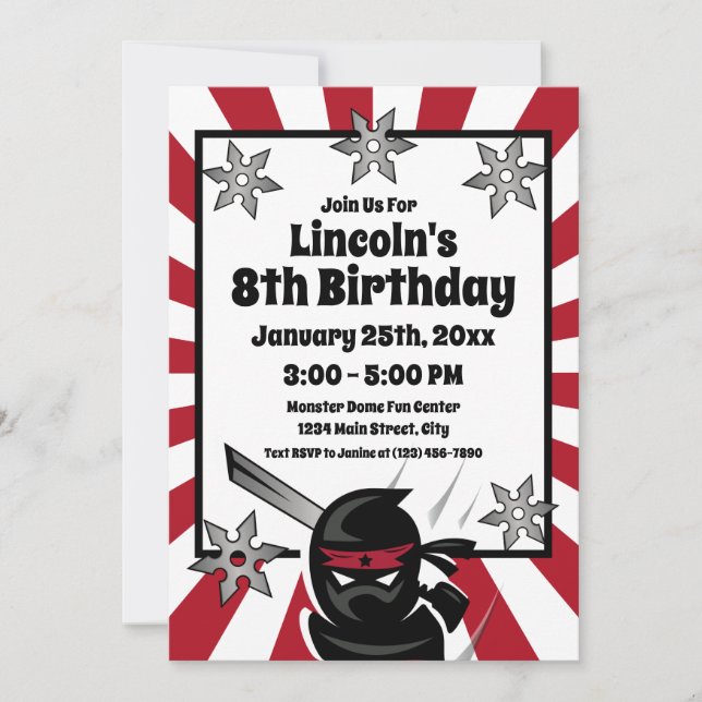 Ninja Samurai Warrior Kids Boys Birthday Party Invitation (Front)