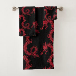 Ninja Style Red Chinese Dragons & Black Bath Towel Set