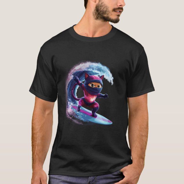 Ninja Surfing Cat Wave Fantasy T-Shirt (Front)