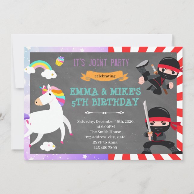 Ninja unicorn joint party invitation (Front)