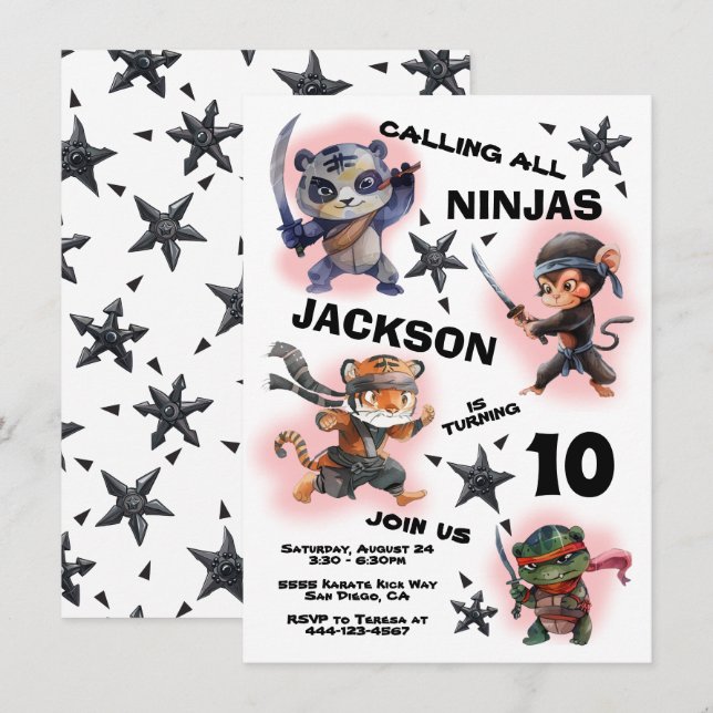 Ninja Warrior Animals Birthday Party Invitation (Front/Back)