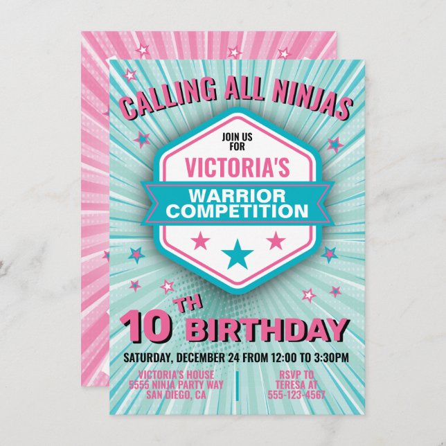 Ninja warrior birthday party girl invitation (Front/Back)