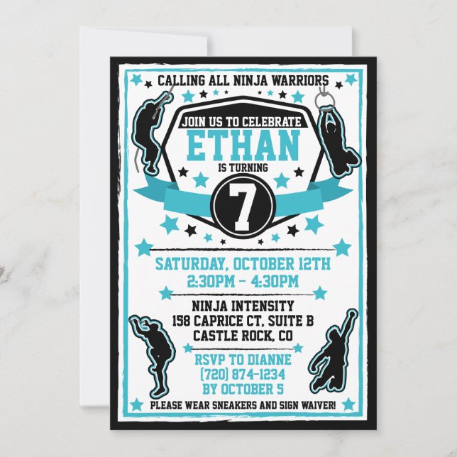Ninja Warrior Boy Birthday Party Black & Teal Invitation (Front)