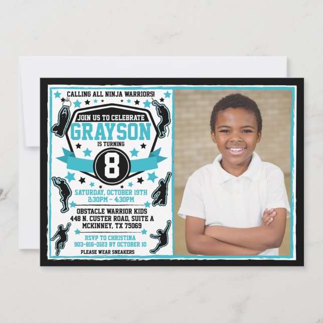 Ninja Warrior Boy Black & Teal Photo Invitation (Front)