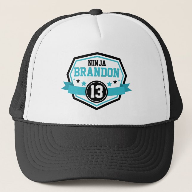 Ninja Warrior Boys Birthday Party Name & Age Trucker Hat (Front)