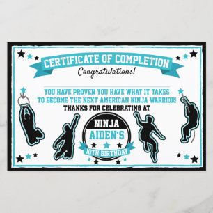 Ninja Warrior Boys Party Certificate of Completion