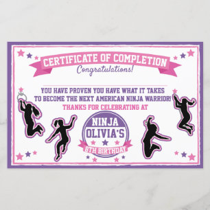 Ninja Warrior Girl Party Certificate of Completion