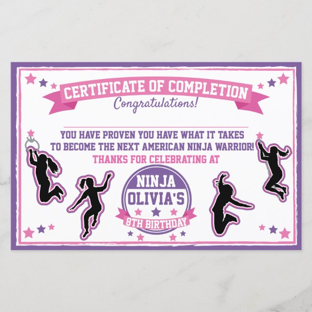 Ninja Warrior Girl Party Certificate of Completion (Front)