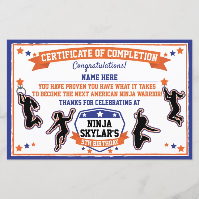 Ninja Warrior Girl Party Certificate of Completion (Front)