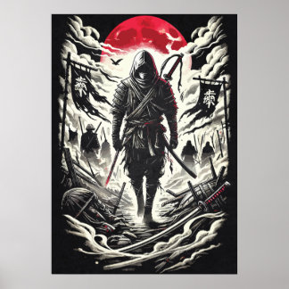 Ninja Warrior in Red Moon Battlefield - Japanese Poster