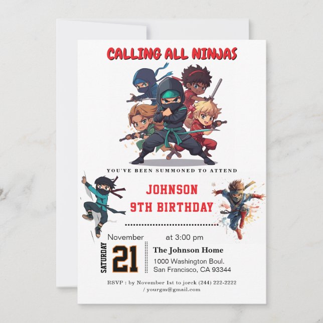 Ninja Warrior Kids Birthday Party Invitation (Front)