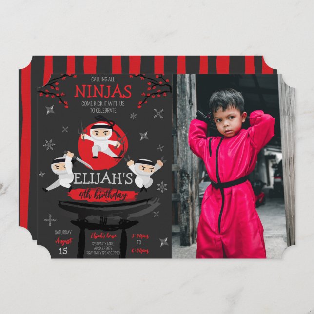 Ninja Warriors On Rooftop Birthday Photo Invitation (Front/Back)