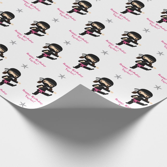 Ninja Wrapping Paper Girl Pink Black Personalised (Corner)