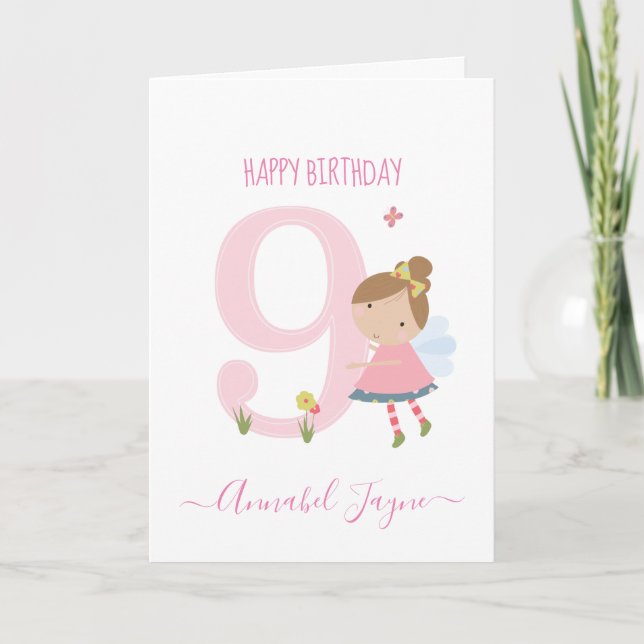 Ninth birthday fairy cute pink personalised card (Front)