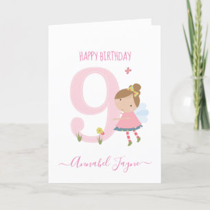 Ninth birthday fairy cute pink personalised card