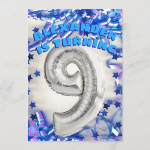 Ninth Birthday Silver and Blue Age 9 Boys Party Invitation