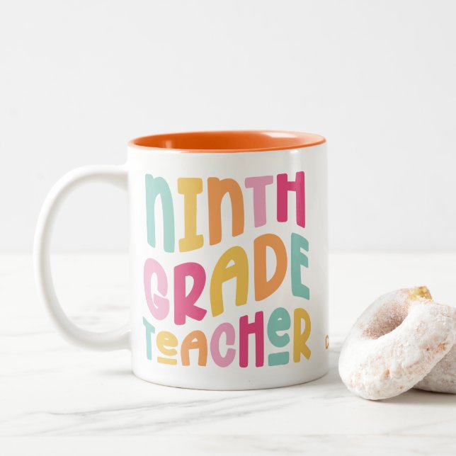 Ninth Grade Teacher Colourful Text  Two-Tone Coffee Mug (With Donut)
