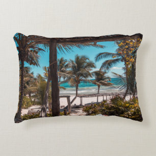 Nipa hut under coconut palm trees decorative cushion