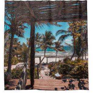 Nipa hut under coconut palm trees shower curtain