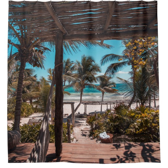 Nipa hut under coconut palm trees shower curtain (Front)