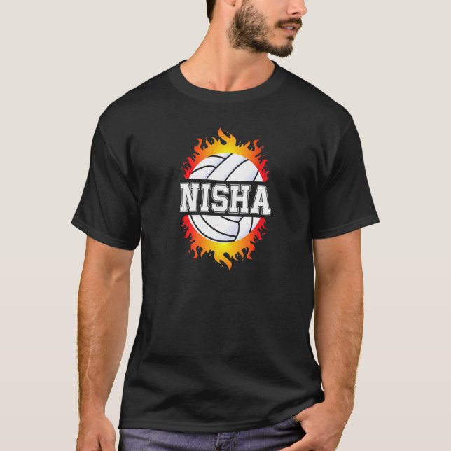 Nisha Name Volleyball Player Girls Ball and Net Sp T-Shirt (Front)