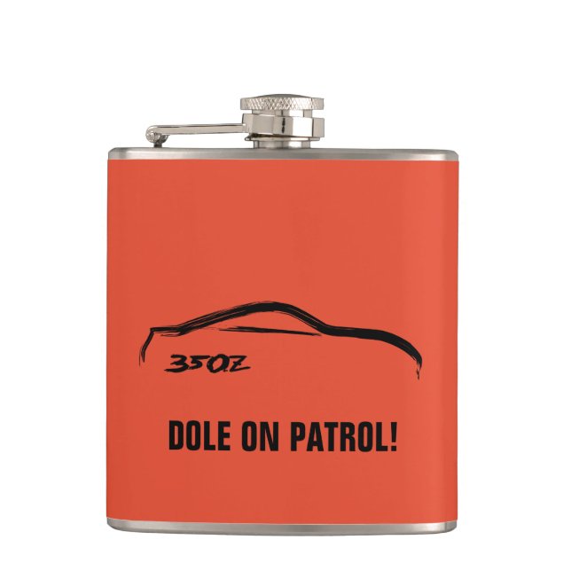 Nissan 350Z on Tango Orange Hip Flask (Front)
