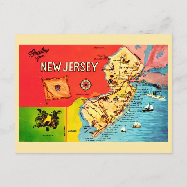 NJ Map of Beaches Bordered Postcard (Front)
