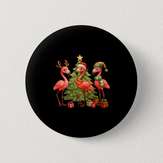 Nk Christmas Flamingos _ Cute Holiday Tree &amp; D 6 Cm Round Badge (Front)