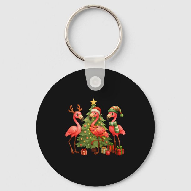 Nk Christmas Flamingos _ Cute Holiday Tree &amp; D Key Ring (Front)