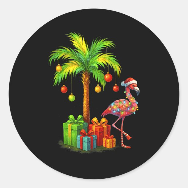 Nk Flamingo Christmas Palm Tree Trocal Xmas  Classic Round Sticker (Front)
