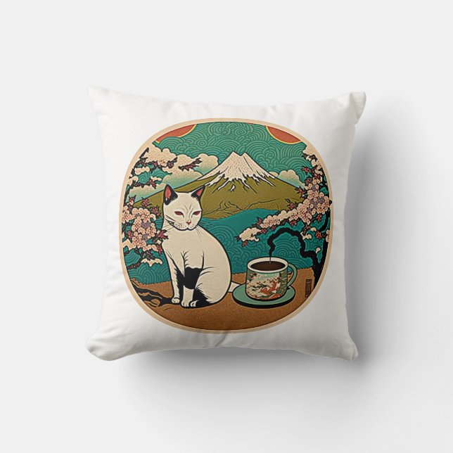 No 01, Happy Hawaiian Lucky Cat Drinking Coffee Cushion (Front)
