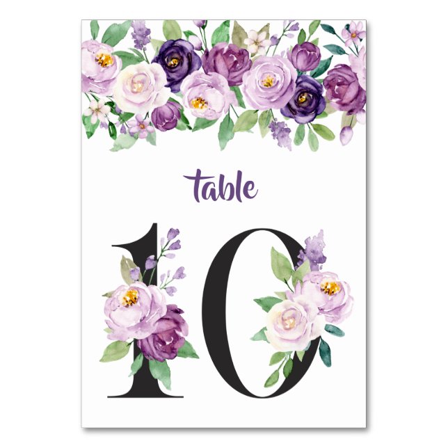 No. 10 Purple & Lavender Watercolor Roses Table Number (Front)