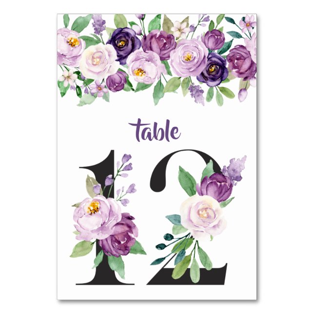 No. 12 Purple & Lavender Watercolor Roses Table Number (Front)