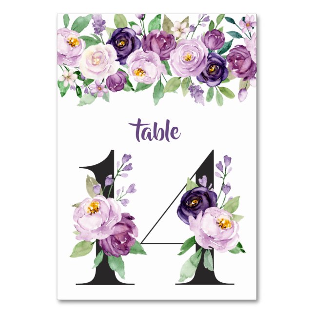 No. 14 Purple & Lavender Watercolor Roses Table Number (Front)
