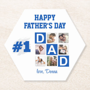 No. 1 Dad 6 Photo Collage Happy Father's Day Blue Paper Coaster